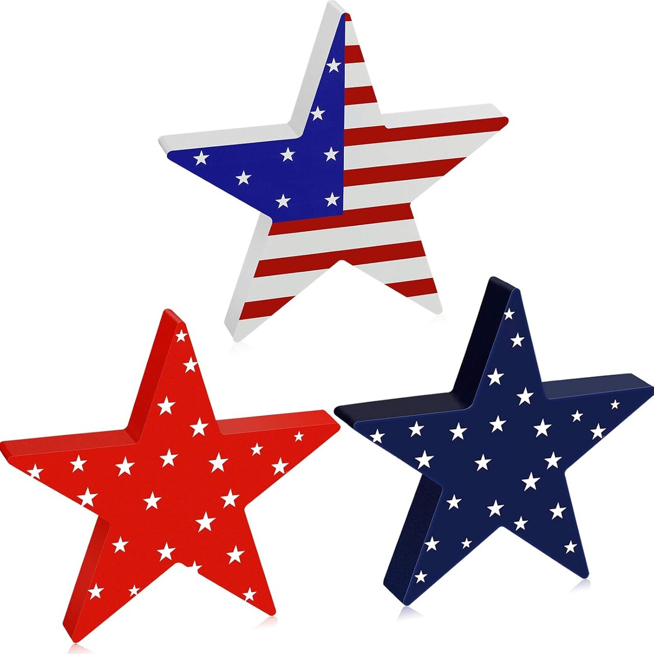 3 Pieces Independence Day Wooden Star Blocks Patriotic Wood Star Standing Blocks 4th of July Tabletop Decor for American Festival Celebration Home Decor (American Flag Prints Series)